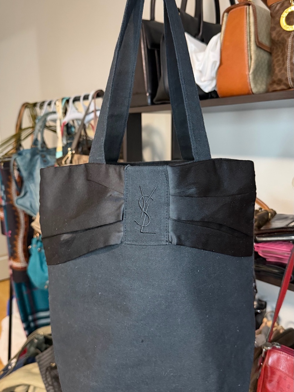 Saint Laurent Black Canvas Messenger Tote with Signature YSL Detail